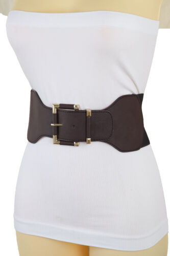 Women Dark Brown Elastic Wide Luxury Look Fashion Belt Gold Square Buckle S M - Picture 1 of 21