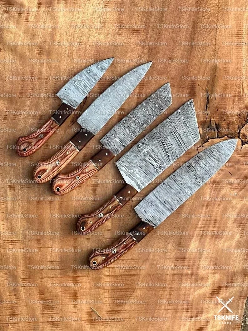 Custom Handmade Damascus Steel Chef Set of 5 Pieces Rose Wood Handle With Sheath