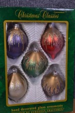Vintage Christmas Glass Ornaments Commodore Hand Decorated Boxed Set 5 Glitter