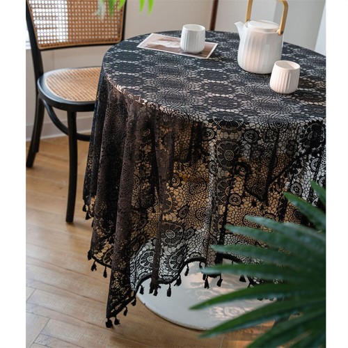 Mantel negro ganchillo borla comedor rectangular mantel cubierta mesa - Imagen 5 de 18