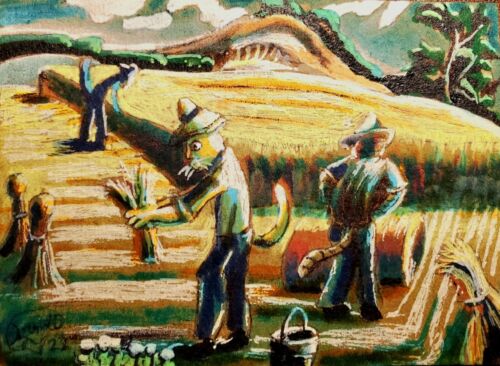 Jacob Landis ACEO Original ART CARD tabby white cat field "The Wheat Harvest"