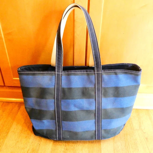 LL Bean Canvas Large Zippered Boat Tote Bag Two Tone Blue Striped Made in USA