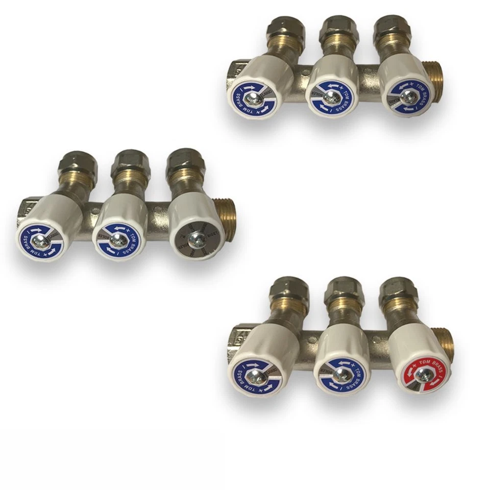 Verteiler Sanitär Messing m.Absperrventilen 16 x 3/4" Rot/Blau, Kalt+Warmwasser - Bild 3 von 4