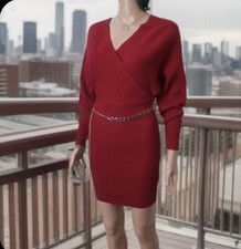 SHEIN Women Size 2 Red Sweater Dress Gold Belt V-Neck Long Sleeve Body-con Dress