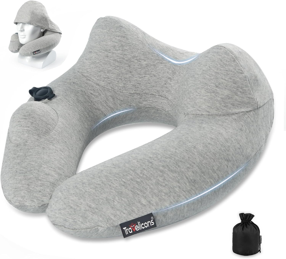 Travel Pillow for Airplane with Hood, Inflatable Neck Air Pillow for Car,Travel