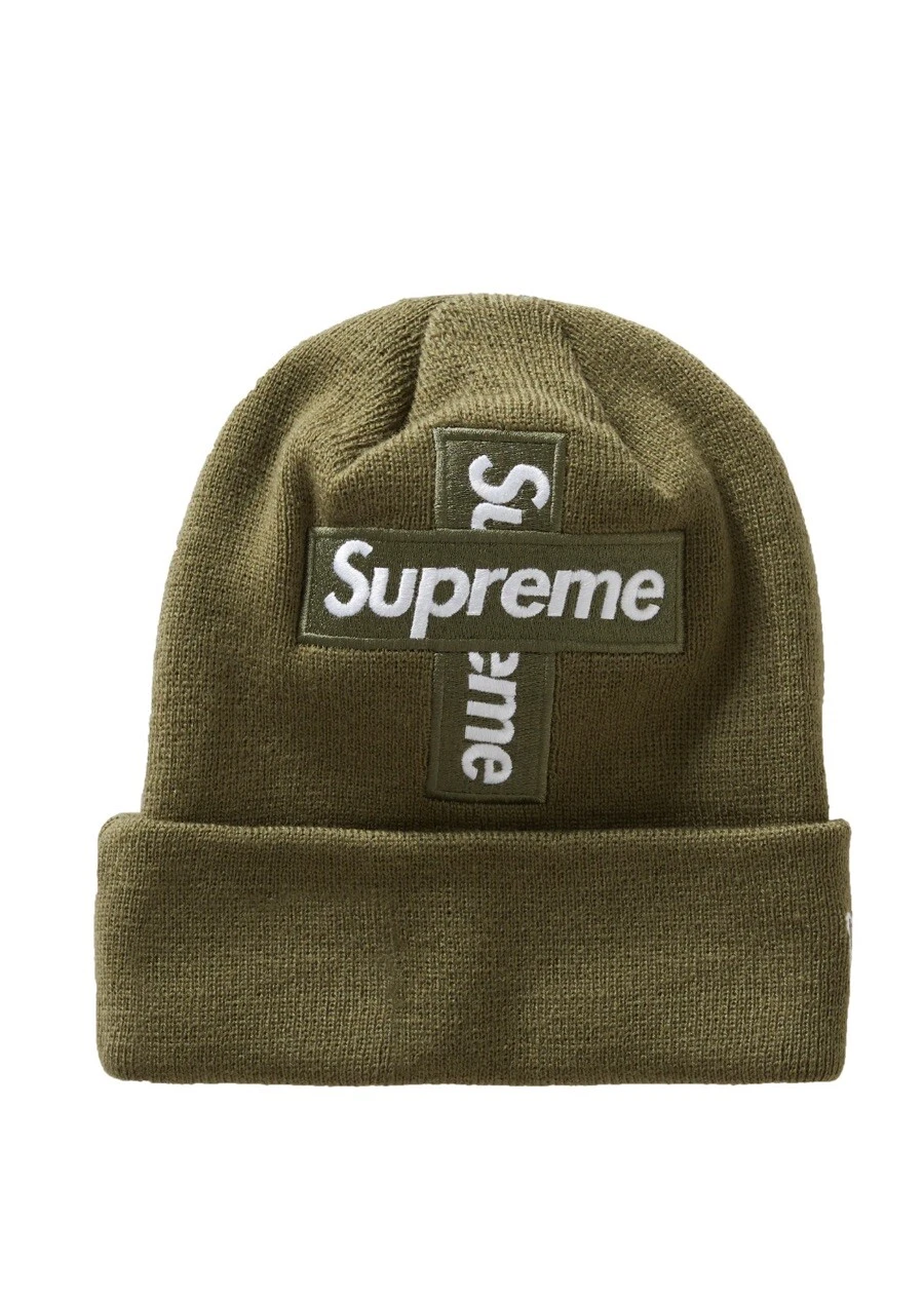 Boîte croix Supreme New Era logo beanie olive
