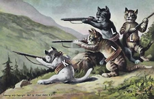 Anthropomorphic Cats Shooting Rifles Catskills NY Postcard Copy