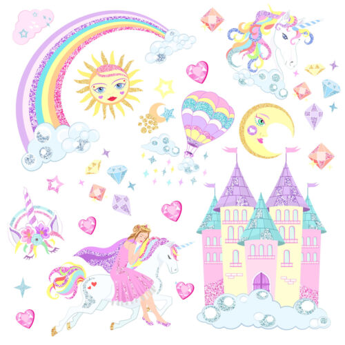 Adesivi da parete unicorno fata castello principessa bambini camera da letto arredamento casa arte - Foto 3 di 6