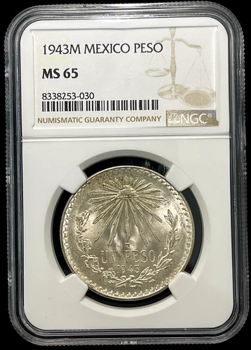 1943M Mexico Silver Un Peso NGC MS65-(bin8841W)