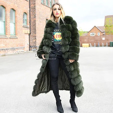 Fox Horizontal Fur Long Coat In Olive