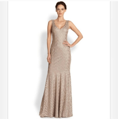 NWT David Meister Elegant Nude Tan Embroidered Mermaid Gown 8