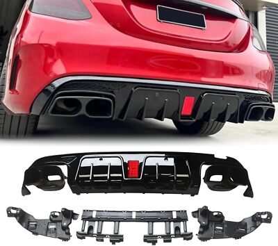 Gloss Blk For Benz W205 C63 Sport Sedan 15-21 Rear Bumper Diffuser Lip W/Exhaust