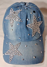 Women's Denim Ball Cap Hat Stars Bling Rhinestones Hook Loop