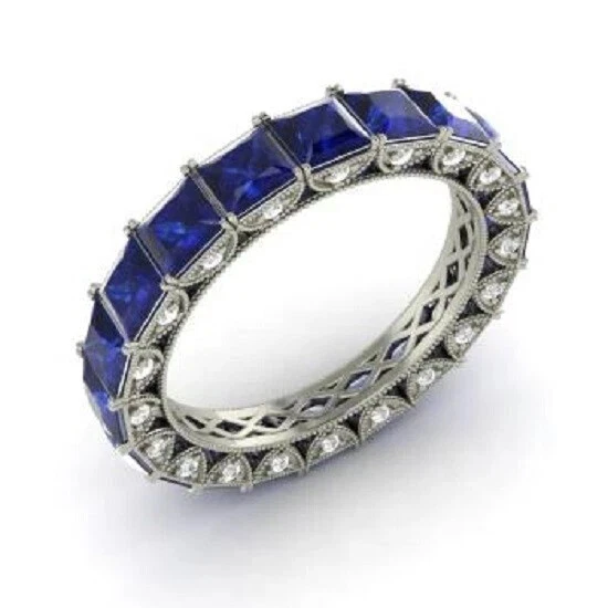 Alianza de eternidad nupcial de boda con diamantes de zafiro natural de 3,75 quilates de oro blanco de 14 quilates Foto 4 de 4