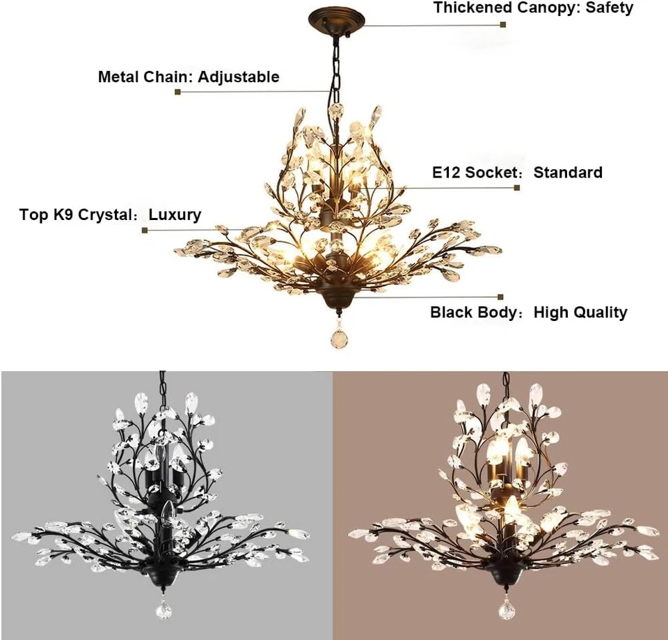 Vintage Crystal Chandelier Black 7-Light Pendant Farmhouse Ceiling Light Fixture - Image 4 of 4
