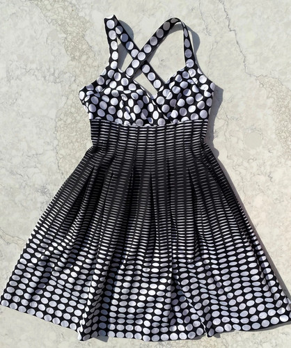 Y2k Calvin Klein Babydoll Kleid 4 schwarz weiß gepunktet Rockabilly Swing neu mit Etikett $ 69 - Bild 5 von 18