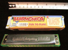 Schylling Fun to Play 16 Hole HARMONICA in Original Box Green  Chrome Musical