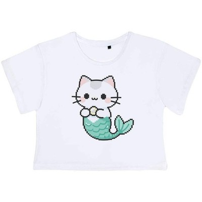 'Pixel Mermaid Cat & Pearl' Adult Cotton Crop Top (CO061012)