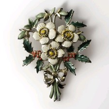 Vintage Exquisite Brooch Rose 50s December Birthday Series enamel flower signed