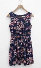 Womens Navy Floral A-Line Dress Sleeveless Pleated Zip Back Cotton UK 10 *