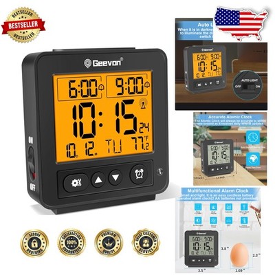 Atomic Travel Alarm Clock: Dual Alarm, Temp Monitor, Auto Night Light, Black LCD
