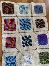 Handmade Crochet Granny Square Afghan Blanket Lap Throw Multicolor Beige Boho