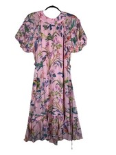 Banjanan 100% Silk Dress Chiffon MIDI Dress Floral Puff Sleeve Belted Sz XS Boho