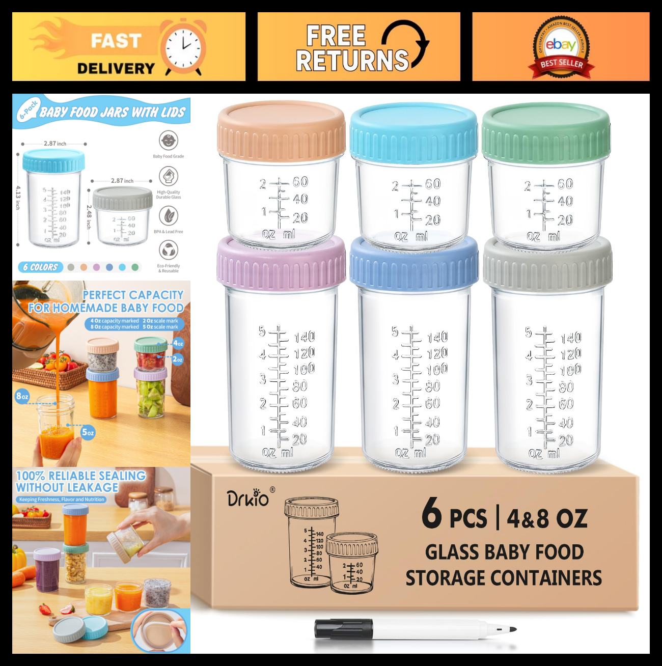 6 Pack Glass Baby Food Storage Jars