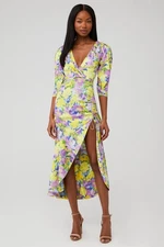 For Love & Lemons Yellow Purple Floral V-Neck High Slit Fitted Cassia Midi Dress