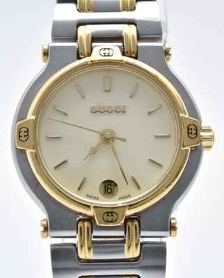 [NEAR MINT] GUCCI 9000L Ivory Date Two Tone Quartz 25mm Ladies' Watch Swiss