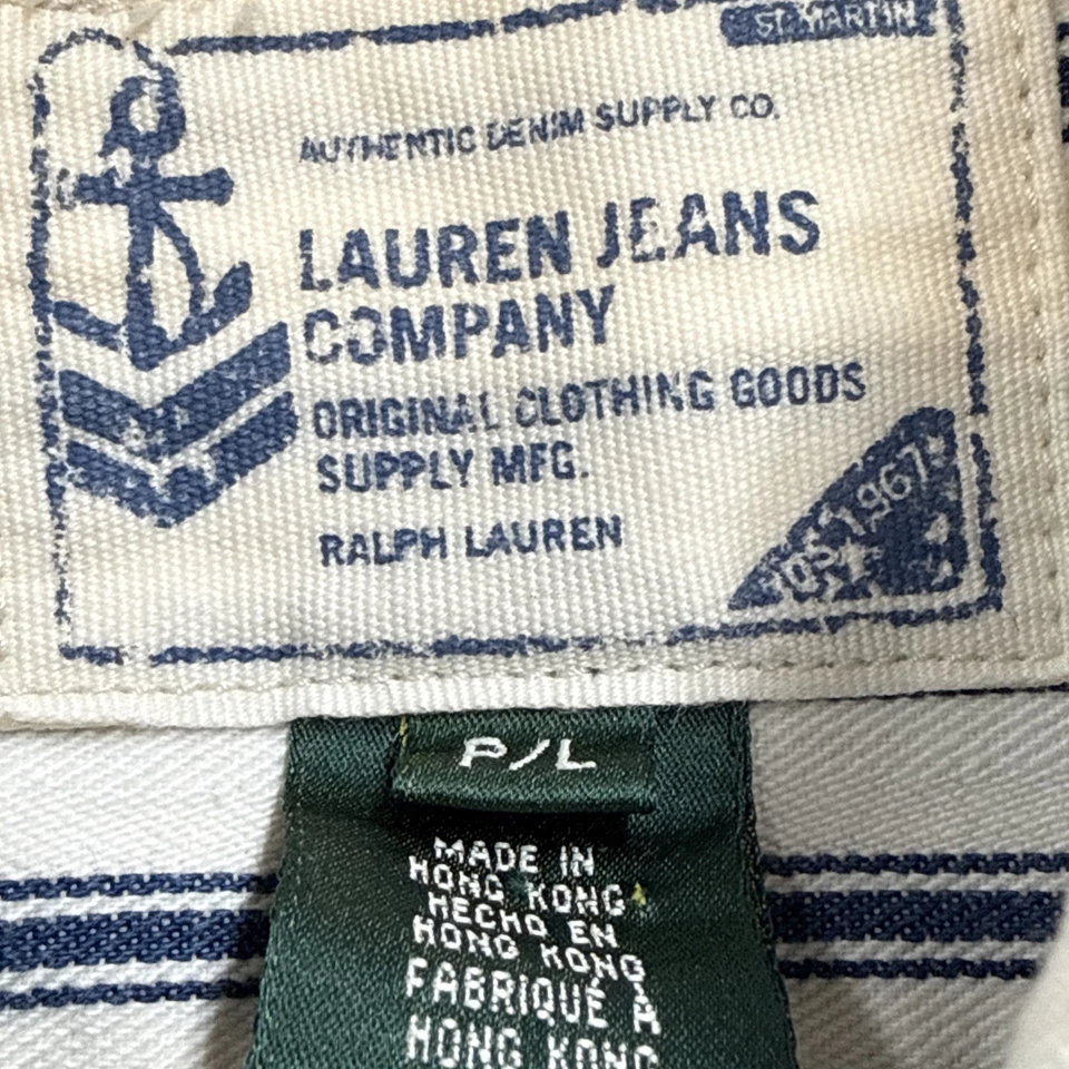 Jaqueta jeans listrada vintage Ralph Lauren, Lauren jeans branca e azul, tamanho P/G - Imagem 3 de 4
