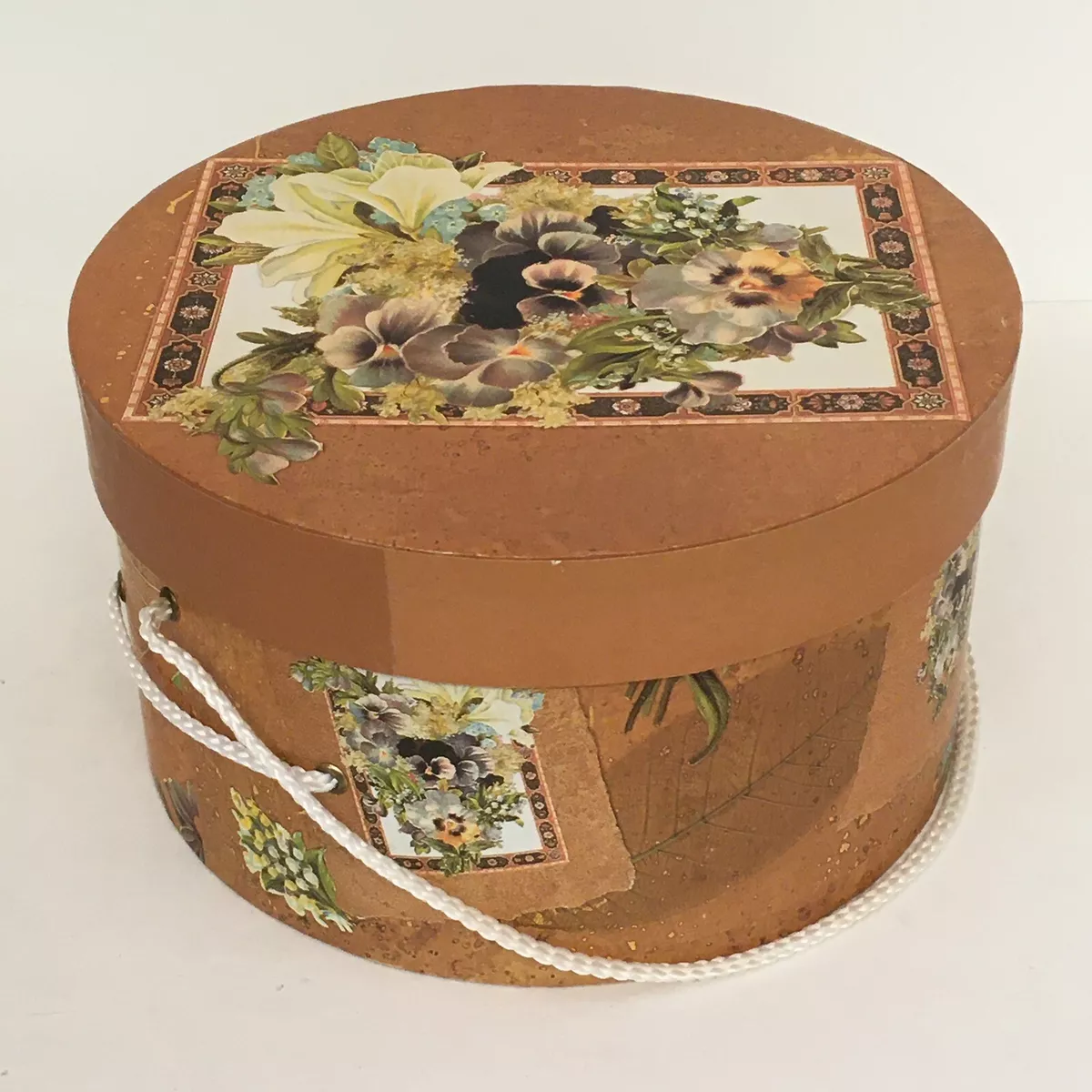 Round Vintage Style Hat Box with Pansies Cord Handles Cardboard 10