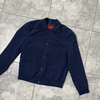 Hugo Boss Virgin Wool Button Bomber Jacket Coat Navy Plaid Preppy New Mens 36R