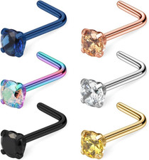 20G Surgical Steel Mix Color Diamond CZ Nose Stud Rings L Shaped Piercing Jewelr