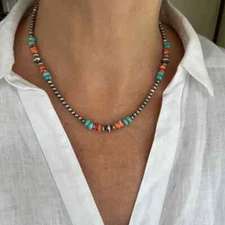 Kingman Turquoise and Spiny Oyster Necklace | Sterling Silver Navajo Jewelry