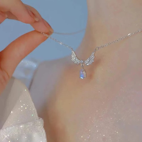 Angel Wings Teardrop Moonstone Pendant Necklace - Picture 3 of 6
