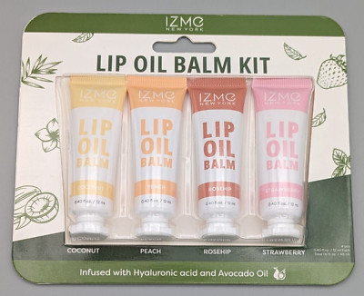 New IZME Lip Oil Balm Kit 0.40oz 4pcs Coconut Peach Rosehip Strawberry