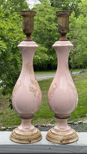 Pair of Antique Art Deco Regency 1930 Table Lamps Paul Hanson Pink Chrysanthemum - Picture 2 of 15