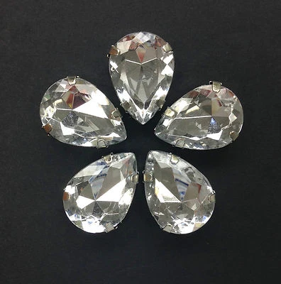 5 x XL Grosso Cucito Acrilico Pera/Strass Sfaccettato a Goccia 18x25mm Cristallo.