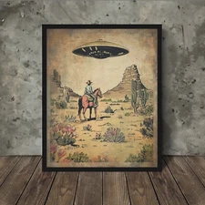 Vintage OLD WEST UFO COWBOY Wall Art, Retro Western Sci-fi  Cactus Alien Decor
