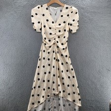 A New Day Midi A-Line Dress Womens S Beige Polka Dot Ruched Puff Sleeve V-Neck