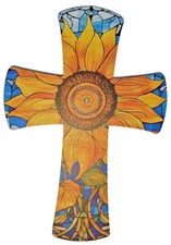 Sunflower on Stained Glass Image Wooden-Style Cross Wall Decor Inspirational