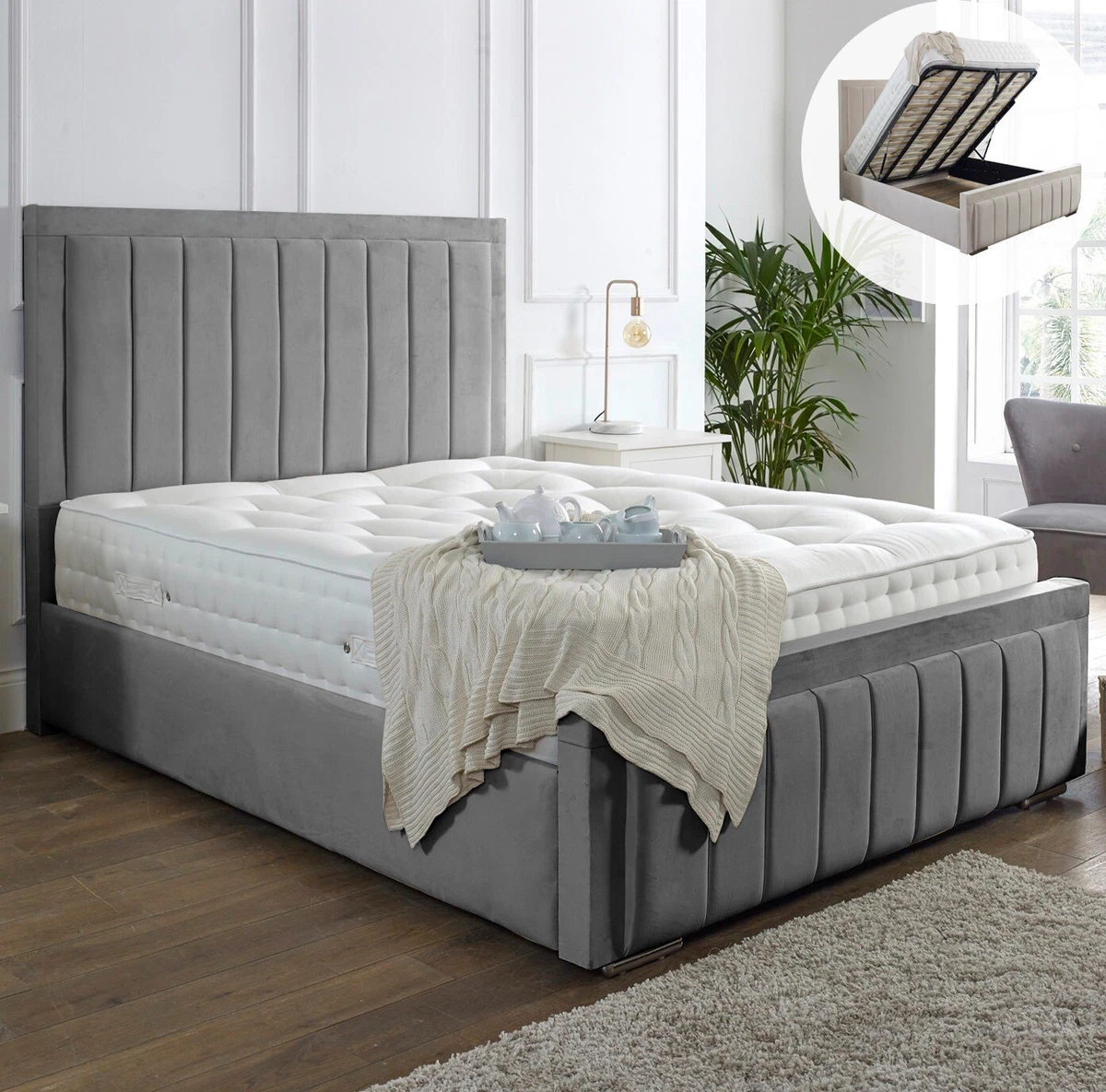 NEW OTTOMAN STORAGE PANEL PLUSH VELVET UPHOLSTERED BED FRAME DOUBLE KING SIZE