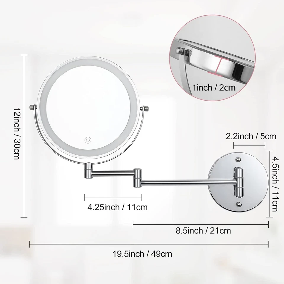 Miroir de Maquillage Mural Lumineux 8", Double Face 1X/10X Loupe Chrome - Photo 4/4