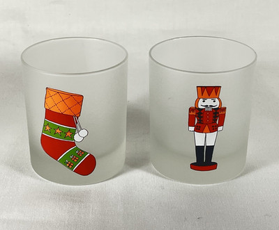 2 Christmas Stocking Nutcracker Frosted Rock Cocktail Drinking Glasses 10 oz