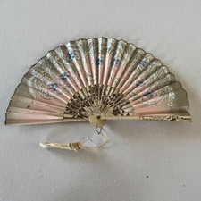 Vintage Wooden  Paper Hand Fan Fold Up 1920-1930s Japan Floral - Antique