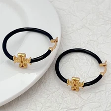 New! Tory Small Eleanor Black & Gold hoop Earrings with Jewelry Pouch 4*3.8cm