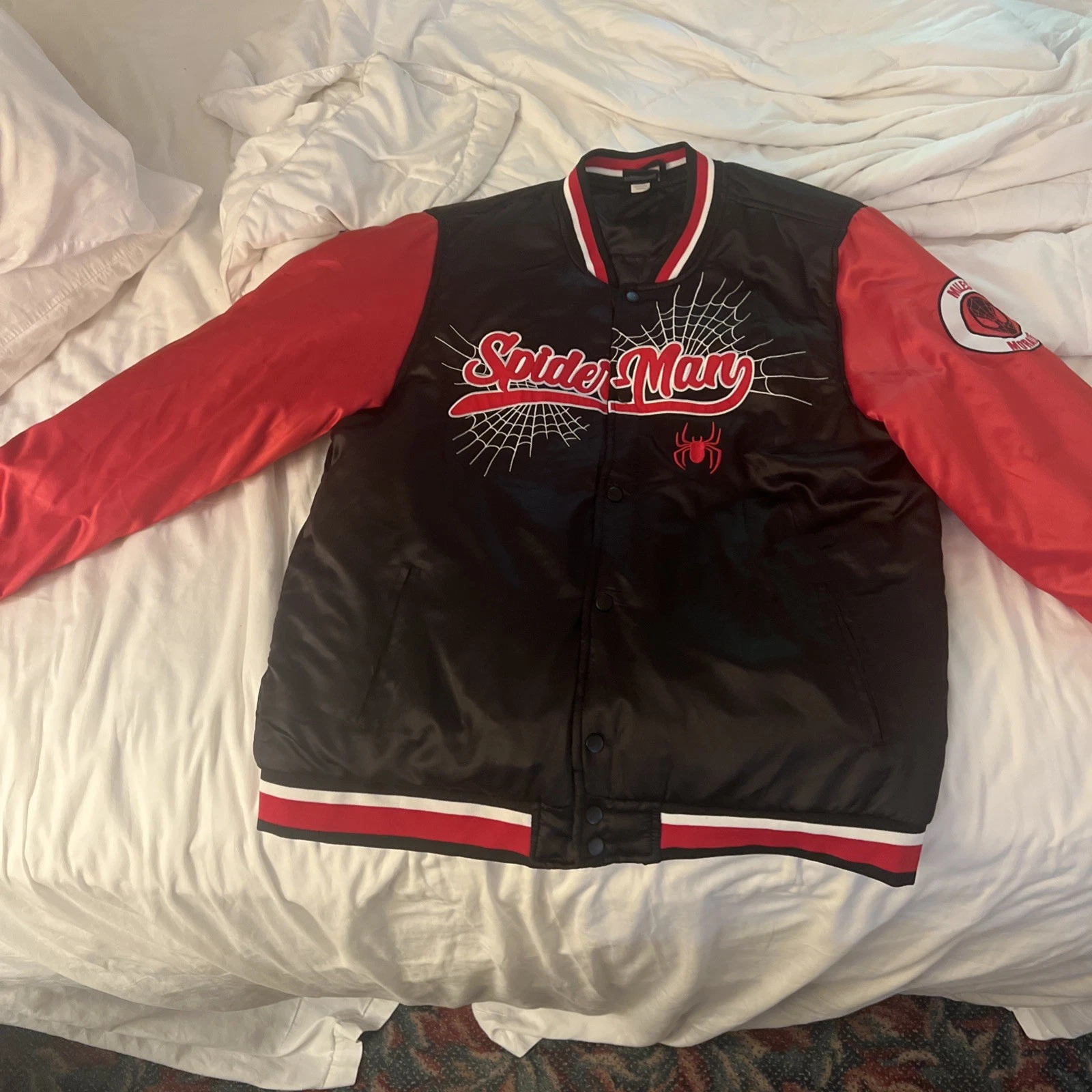 Vtg Marvel Spider-Man Varsity Bomber Jacket Black Red XL Embroidered Web Logo