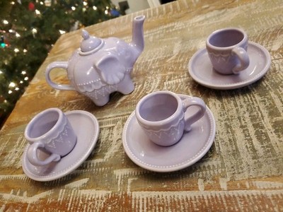 Pottery Barn Kids Let's Play Purple Elephant Ceramic Tea Set 3 Cups & Saucers