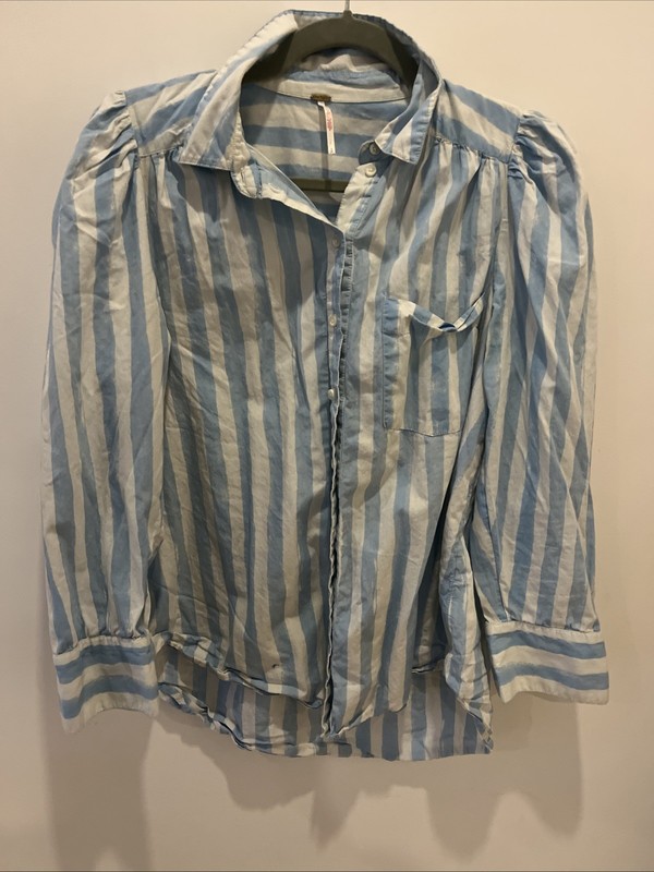 free people Puff Sleeve Blue/whute Striped Button Up Shirt small 7/8 Sleeves